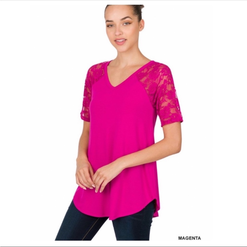 Zenana Magenta Lace Detail V-Neck Short Sleeve Top